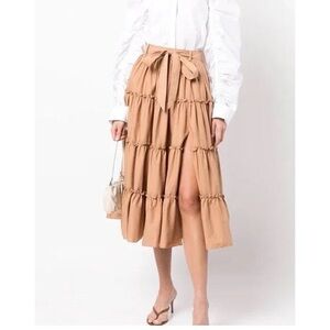 Cinq à Sept Jackie Belted Tiered Midi Skirt in Sahara.            2